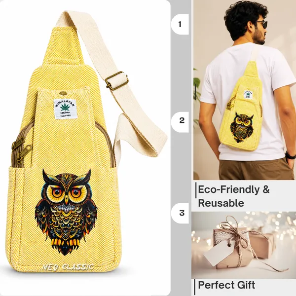 NEO_CLASSIC_Hemp_Sling_Bag_for_Men_&_Women_|_Owl_Print_Crossbody_Shoulder_Bag_|_Natural_Hemp_Fabric_|_Adjustable_Strap_|_Yellow