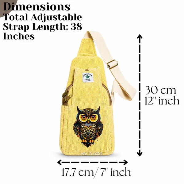 NEO_CLASSIC_Hemp_Sling_Bag_for_Men_&_Women_|_Owl_Print_Crossbody_Shoulder_Bag_|_Natural_Hemp_Fabric_|_Adjustable_Strap_|_Yellow
