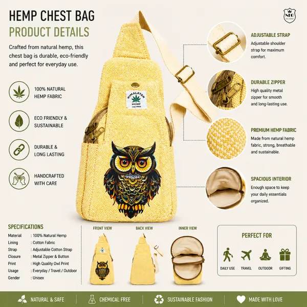 NEO_CLASSIC_Hemp_Sling_Bag_for_Men_&_Women_|_Owl_Print_Crossbody_Shoulder_Bag_|_Natural_Hemp_Fabric_|_Adjustable_Strap_|_Yellow