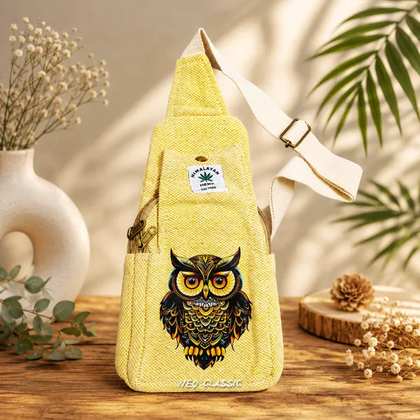 NEO_CLASSIC_Hemp_Sling_Bag_for_Men_&_Women_|_Owl_Print_Crossbody_Shoulder_Bag_|_Natural_Hemp_Fabric_|_Adjustable_Strap_|_Yellow