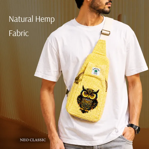 NEO_CLASSIC_Hemp_Sling_Bag_for_Men_&_Women_|_Owl_Print_Crossbody_Shoulder_Bag_|_Natural_Hemp_Fabric_|_Adjustable_Strap_|_Yellow