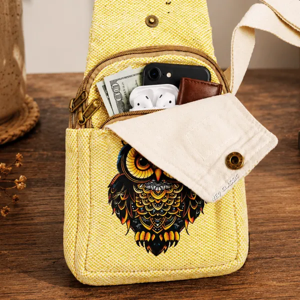 NEO_CLASSIC_Hemp_Sling_Bag_for_Men_&_Women_|_Owl_Print_Crossbody_Shoulder_Bag_|_Natural_Hemp_Fabric_|_Adjustable_Strap_|_Yellow