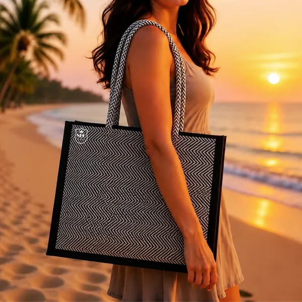 NEO_CLASSIC_Hemp_Tote_Bag_for_Women_|_Eco-Friendly_Reusable_Shopping_Bag_|_Black_&_White_Herringbone_Design_|_Zip_Closure_|_Strong_Rope_Handles