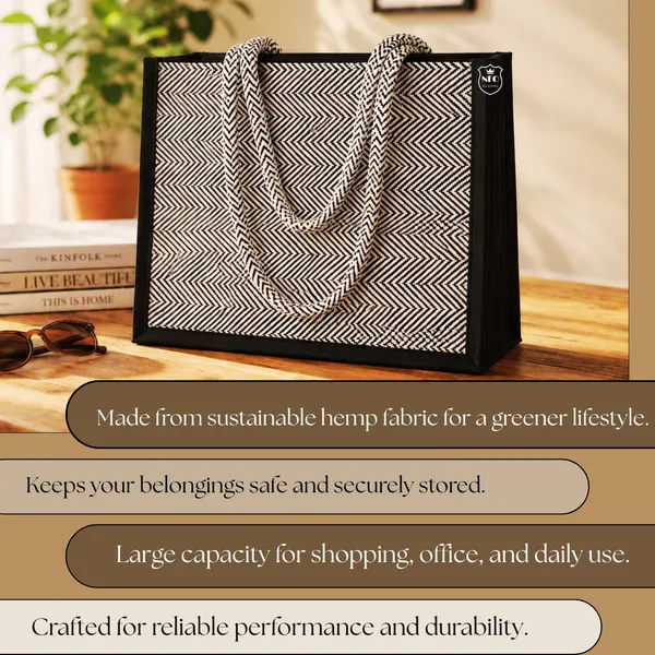 NEO_CLASSIC_Hemp_Tote_Bag_for_Women_|_Eco-Friendly_Reusable_Shopping_Bag_|_Black_&_White_Herringbone_Design_|_Zip_Closure_|_Strong_Rope_Handles