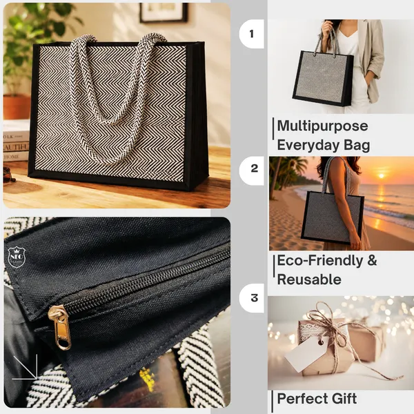 NEO_CLASSIC_Hemp_Tote_Bag_for_Women_|_Eco-Friendly_Reusable_Shopping_Bag_|_Black_&_White_Herringbone_Design_|_Zip_Closure_|_Strong_Rope_Handles
