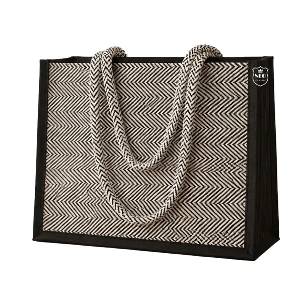 NEO_CLASSIC_Hemp_Tote_Bag_for_Women_|_Eco-Friendly_Reusable_Shopping_Bag_|_Black_&_White_Herringbone_Design_|_Zip_Closure_|_Strong_Rope_Handles