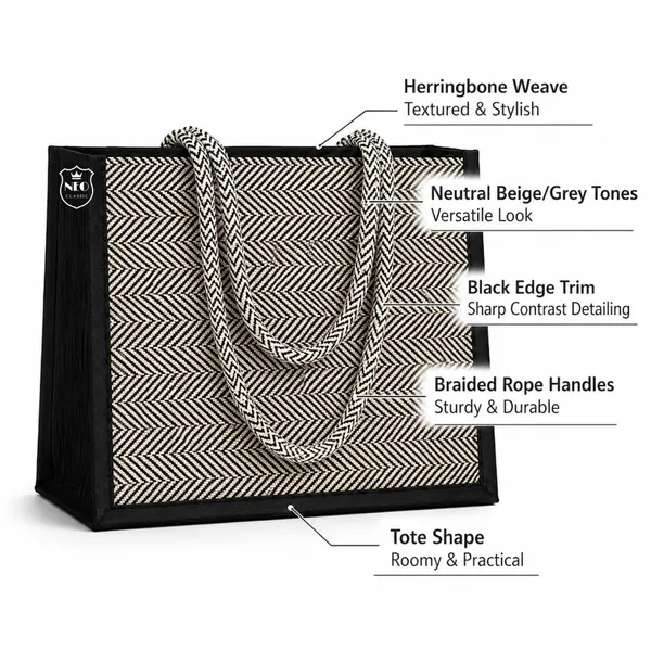 NEO_CLASSIC_Hemp_Tote_Bag_for_Women_|_Eco-Friendly_Reusable_Shopping_Bag_|_Black_&_White_Herringbone_Design_|_Zip_Closure_|_Strong_Rope_Handles