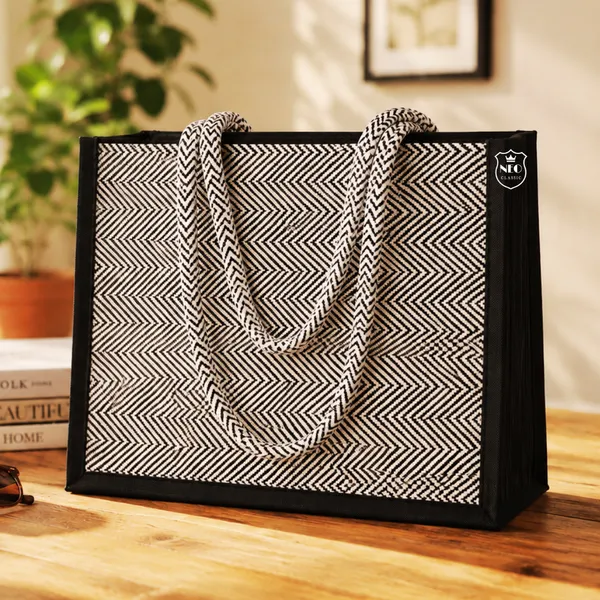 NEO_CLASSIC_Hemp_Tote_Bag_for_Women_|_Eco-Friendly_Reusable_Shopping_Bag_|_Black_&_White_Herringbone_Design_|_Zip_Closure_|_Strong_Rope_Handles