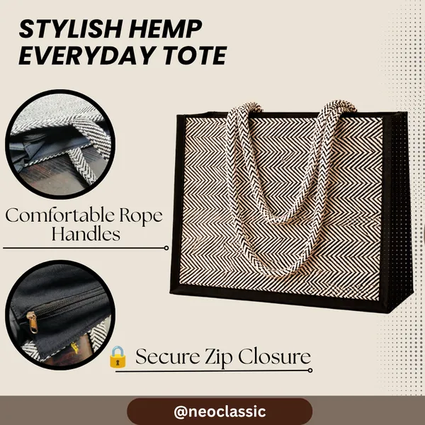 NEO_CLASSIC_Hemp_Tote_Bag_for_Women_|_Eco-Friendly_Reusable_Shopping_Bag_|_Black_&_White_Herringbone_Design_|_Zip_Closure_|_Strong_Rope_Handles