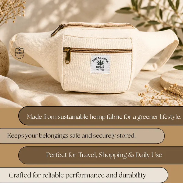 NEO_CLASSIC_Hemp_Waist_Bag_for_Men_&_Women_|_Natural_Hemp_Canvas_Waist_Pouch_with_3_Zipper_Compartments_|_Adjustable_29_Inch_Strap_|_Casual_Travel_Waist_Bag_|_Off_White