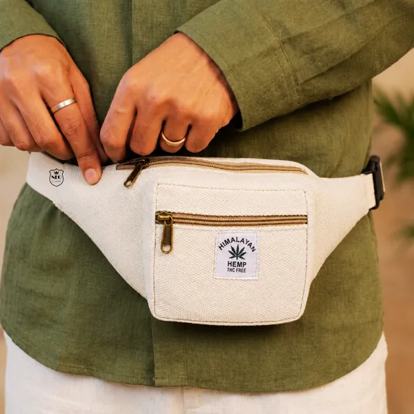 NEO_CLASSIC_Hemp_Waist_Bag_for_Men_&_Women_|_Natural_Hemp_Canvas_Waist_Pouch_with_3_Zipper_Compartments_|_Adjustable_29_Inch_Strap_|_Casual_Travel_Waist_Bag_|_Off_White