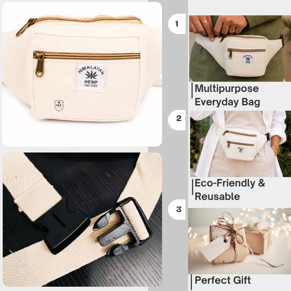 NEO_CLASSIC_Hemp_Waist_Bag_for_Men_&_Women_|_Natural_Hemp_Canvas_Waist_Pouch_with_3_Zipper_Compartments_|_Adjustable_29_Inch_Strap_|_Casual_Travel_Waist_Bag_|_Off_White