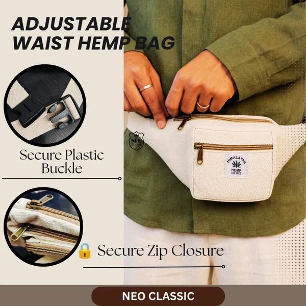 NEO_CLASSIC_Hemp_Waist_Bag_for_Men_&_Women_|_Natural_Hemp_Canvas_Waist_Pouch_with_3_Zipper_Compartments_|_Adjustable_29_Inch_Strap_|_Casual_Travel_Waist_Bag_|_Off_White