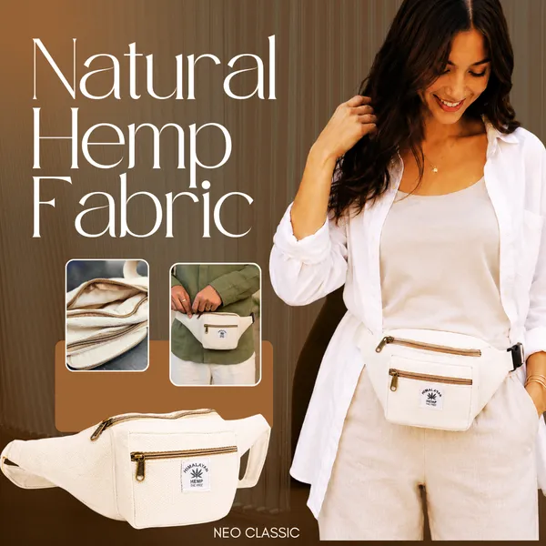 NEO_CLASSIC_Hemp_Waist_Bag_for_Men_&_Women_|_Natural_Hemp_Canvas_Waist_Pouch_with_3_Zipper_Compartments_|_Adjustable_29_Inch_Strap_|_Casual_Travel_Waist_Bag_|_Off_White