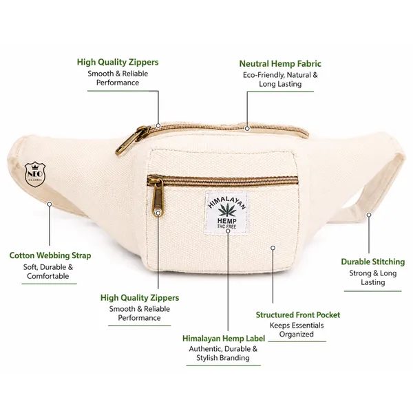 NEO_CLASSIC_Hemp_Waist_Bag_for_Men_&_Women_|_Natural_Hemp_Canvas_Waist_Pouch_with_3_Zipper_Compartments_|_Adjustable_29_Inch_Strap_|_Casual_Travel_Waist_Bag_|_Off_White