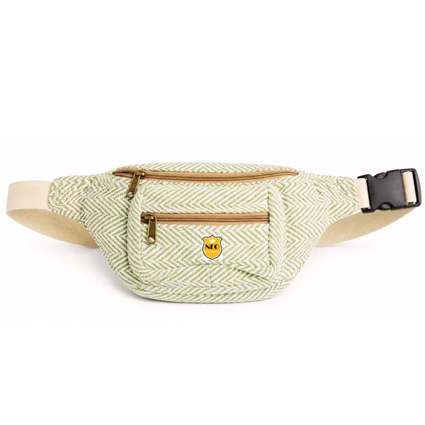 NEO_CLASSIC_Hemp_Waist_Bag_for_Women_&_Men_|_Green_&_White_Herringbone_Waist_Belt_Bag_with_3_Zipper_Compartments,_Adjustable_Strap_&_Cotton_Canvas_Lining_|_Travel,_Hiking_&_Daily_Use