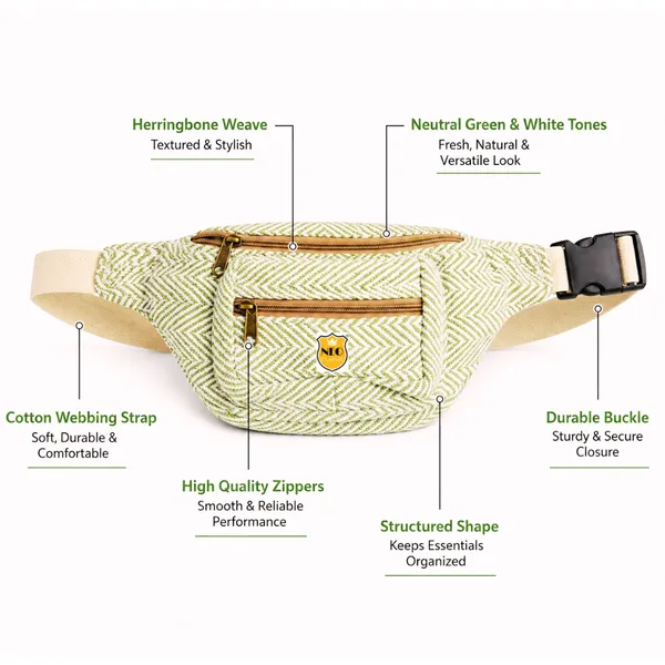 NEO_CLASSIC_Hemp_Waist_Bag_for_Women_&_Men_|_Green_&_White_Herringbone_Waist_Belt_Bag_with_3_Zipper_Compartments,_Adjustable_Strap_&_Cotton_Canvas_Lining_|_Travel,_Hiking_&_Daily_Use