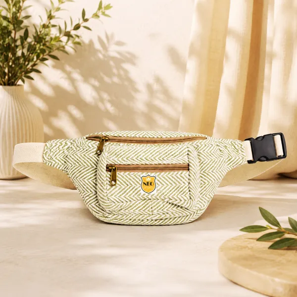 NEO_CLASSIC_Hemp_Waist_Bag_for_Women_&_Men_|_Green_&_White_Herringbone_Waist_Belt_Bag_with_3_Zipper_Compartments,_Adjustable_Strap_&_Cotton_Canvas_Lining_|_Travel,_Hiking_&_Daily_Use