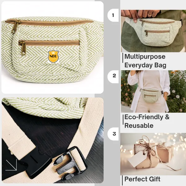 NEO_CLASSIC_Hemp_Waist_Bag_for_Women_&_Men_|_Green_&_White_Herringbone_Waist_Belt_Bag_with_3_Zipper_Compartments,_Adjustable_Strap_&_Cotton_Canvas_Lining_|_Travel,_Hiking_&_Daily_Use