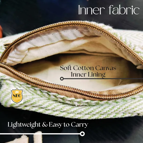 NEO_CLASSIC_Hemp_Waist_Bag_for_Women_&_Men_|_Green_&_White_Herringbone_Waist_Belt_Bag_with_3_Zipper_Compartments,_Adjustable_Strap_&_Cotton_Canvas_Lining_|_Travel,_Hiking_&_Daily_Use