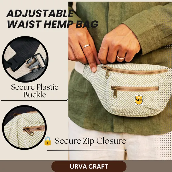 NEO_CLASSIC_Hemp_Waist_Bag_for_Women_&_Men_|_Green_&_White_Herringbone_Waist_Belt_Bag_with_3_Zipper_Compartments,_Adjustable_Strap_&_Cotton_Canvas_Lining_|_Travel,_Hiking_&_Daily_Use