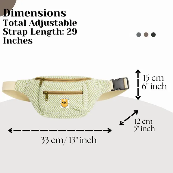 NEO_CLASSIC_Hemp_Waist_Bag_for_Women_&_Men_|_Green_&_White_Herringbone_Waist_Belt_Bag_with_3_Zipper_Compartments,_Adjustable_Strap_&_Cotton_Canvas_Lining_|_Travel,_Hiking_&_Daily_Use