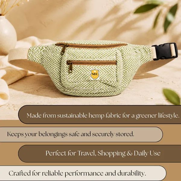 NEO_CLASSIC_Hemp_Waist_Bag_for_Women_&_Men_|_Green_&_White_Herringbone_Waist_Belt_Bag_with_3_Zipper_Compartments,_Adjustable_Strap_&_Cotton_Canvas_Lining_|_Travel,_Hiking_&_Daily_Use