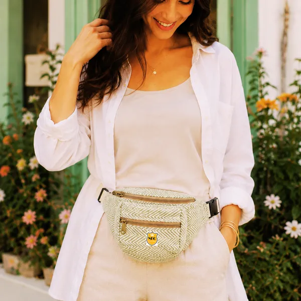 NEO_CLASSIC_Hemp_Waist_Bag_for_Women_&_Men_|_Green_&_White_Herringbone_Waist_Belt_Bag_with_3_Zipper_Compartments,_Adjustable_Strap_&_Cotton_Canvas_Lining_|_Travel,_Hiking_&_Daily_Use