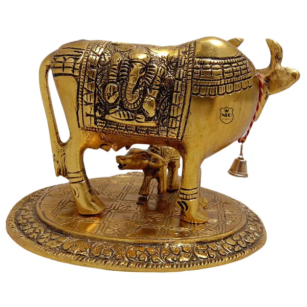 NEO_CLASSIC_Aluminium_Metal_Cow_with_Calf_Statue_|_Kamdhenu_Cow_Idol_|_Antique_Gold_Finish_Decorative_Showpiece_for_Home,_Office_&_Temple_|_Gift_Item