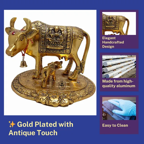 NEO_CLASSIC_Aluminium_Metal_Cow_with_Calf_Statue_|_Kamdhenu_Cow_Idol_|_Antique_Gold_Finish_Decorative_Showpiece_for_Home,_Office_&_Temple_|_Gift_Item