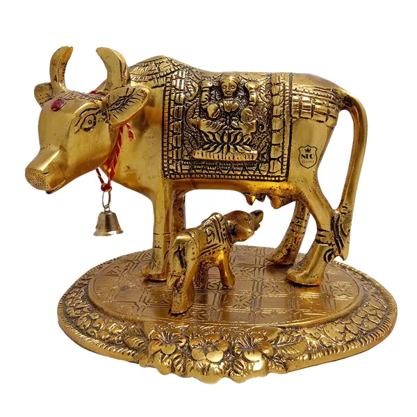 NEO_CLASSIC_Aluminium_Metal_Cow_with_Calf_Statue_|_Kamdhenu_Cow_Idol_|_Antique_Gold_Finish_Decorative_Showpiece_for_Home,_Office_&_Temple_|_Gift_Item