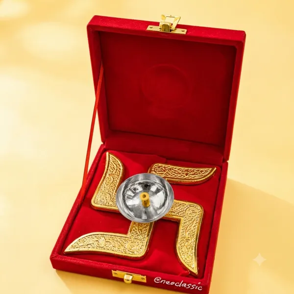 NEO_CLASSIC_Brass_Swastik_Diya_with_Red_Velvet_Box_|_4_Inch_Swastik_Deepak_for_Pooja,_Mandir_&_Home_Decor_|_Aluminium_Swastik_with_Brass_Oil_Lamp_|_Gift_for_Diwali_&_Housewarming