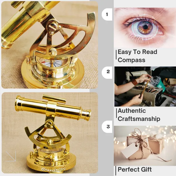 NEO_CLASSIC_Theodolite_Alidade_Telescope_with_Magnetic_Compass_&_Surface_Level_|_Antique_Brass_Navigation_Instrument_for_Marine_Nautical_Décor_&_Desk_Display_|_Glossy_Gold_Finish_|_6_Inch