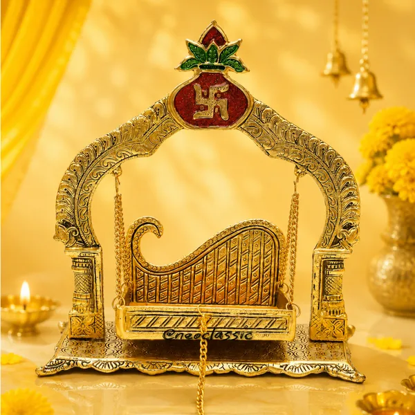 NEO_CLASSIC_Kalash_Swastik_Laddu_Gopal_Jhula_|_10_Inch_Krishna_Hindola_Palana_for_Bal_Gopal_Murti_|_Decorative_Temple_Swing_for_Home_Pooja,_Janmashtami_&_Religious_Gift
