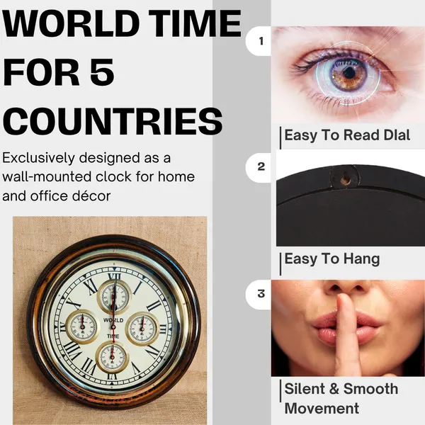 NEO_CLASSIC_Wooden_Antique_Designer_Wall_Clock_–_World_Time_Vintage_Brass_Ring_Wall_Clock_for_Home_&_Office_(16_Inch,_Brown)