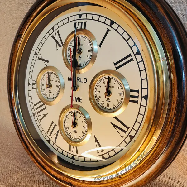 NEO_CLASSIC_Wooden_Antique_Designer_Wall_Clock_–_World_Time_Vintage_Brass_Ring_Wall_Clock_for_Home_&_Office_(16_Inch,_Brown)