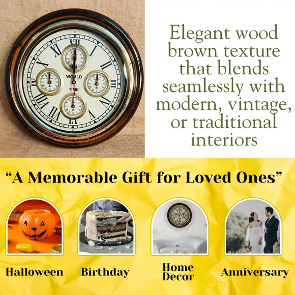 NEO_CLASSIC_Wooden_Antique_Designer_Wall_Clock_–_World_Time_Vintage_Brass_Ring_Wall_Clock_for_Home_&_Office_(16_Inch,_Brown)