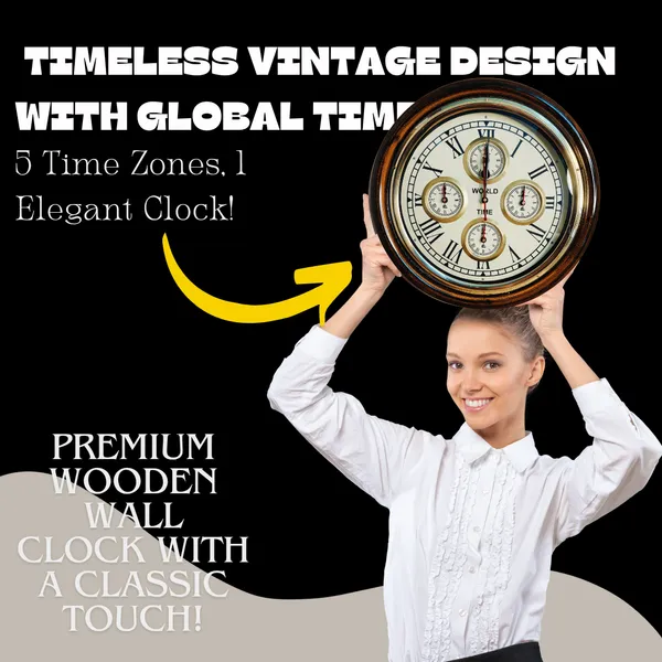 NEO_CLASSIC_Wooden_Antique_Designer_Wall_Clock_–_World_Time_Vintage_Brass_Ring_Wall_Clock_for_Home_&_Office_(16_Inch,_Brown)
