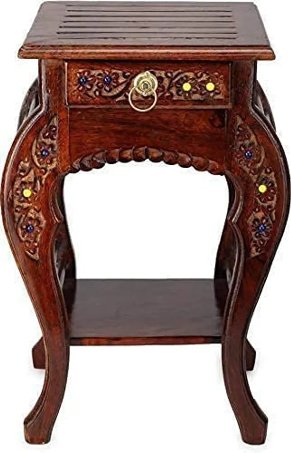 Elegant_Handcarved_Wooden_Side_Table_With_Floral_Inlay_And_Storage_Drawer