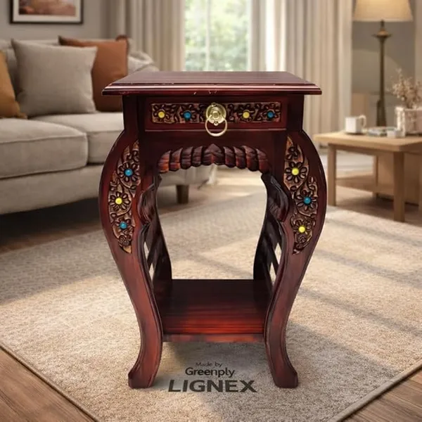 Elegant_Handcarved_Wooden_Side_Table_With_Floral_Inlay_And_Storage_Drawer
