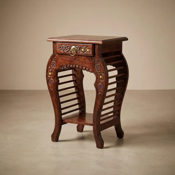 Elegant_Handcarved_Wooden_Side_Table_With_Floral_Inlay_And_Storage_Drawer