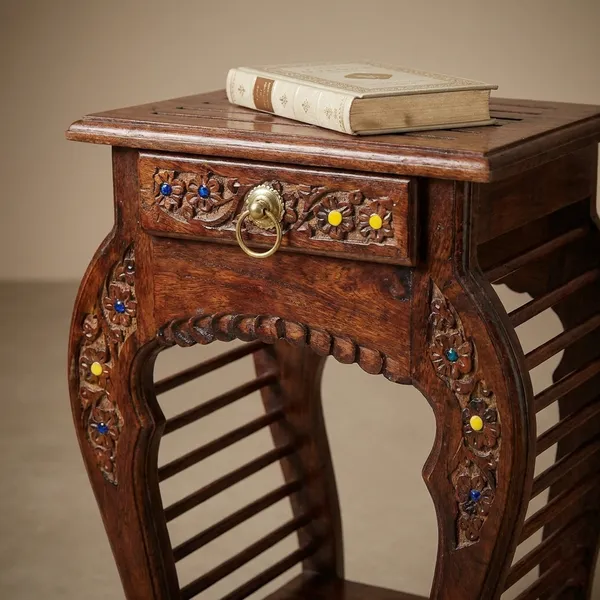 Elegant_Handcarved_Wooden_Side_Table_With_Floral_Inlay_And_Storage_Drawer