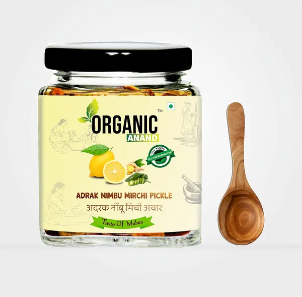 Organic_Homemade_Ginger_Lemon_Green_Chilli_Mix_Pickles_Khatta_Mix_Ghar_Ka_Achar_With_Neemwood_Spoon_Flavourful_Delicious_Traditional_Taste