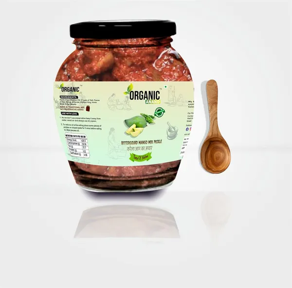 Organic_Homemade_Bitter_Gourd_Mango_Mix_Pickles_Karela_Aam_Ka_Achar_With_Neemwood_Spoon_Flavourful_Delicious_Traditional_Taste