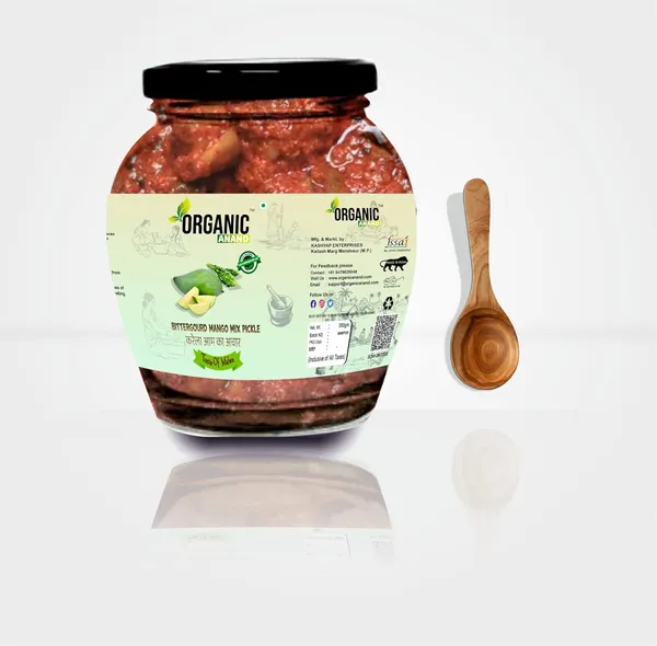 Organic_Homemade_Bitter_Gourd_Mango_Mix_Pickles_Karela_Aam_Ka_Achar_With_Neemwood_Spoon_Flavourful_Delicious_Traditional_Taste