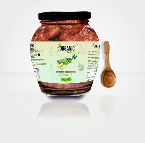 Organic_Homemade_Bitter_Gourd_Mango_Mix_Pickles_Karela_Aam_Ka_Achar_With_Neemwood_Spoon_Flavourful_Delicious_Traditional_Taste