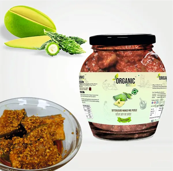 Organic_Homemade_Bitter_Gourd_Mango_Mix_Pickles_Karela_Aam_Ka_Achar_With_Neemwood_Spoon_Flavourful_Delicious_Traditional_Taste