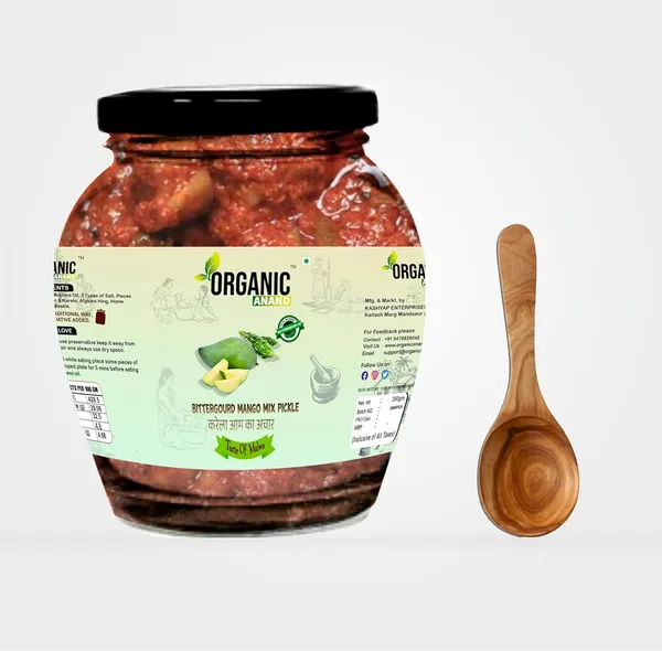 Organic_Homemade_Bitter_Gourd_Mango_Mix_Pickles_Karela_Aam_Ka_Achar_With_Neemwood_Spoon_Flavourful_Delicious_Traditional_Taste