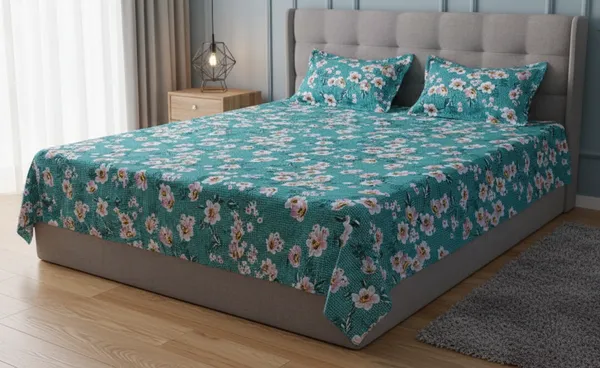 Cotton_Blend_King_Flat_400_TC_Floral_1_Summer_Bedsheet_with_2_Pillow_Covers_(Dark_green)