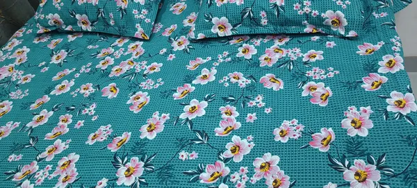 Cotton_Blend_King_Flat_400_TC_Floral_1_Summer_Bedsheet_with_2_Pillow_Covers_(Dark_green)